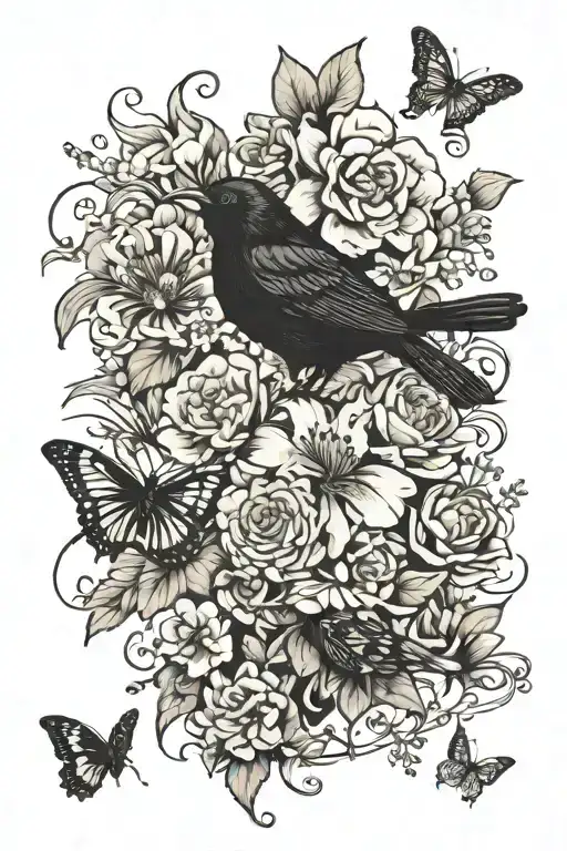 Tattoo in black  which includes all these things Blackbird, Robin, butterfly, Carnations, Honey suckle, Lily of the vall tattoo design idea