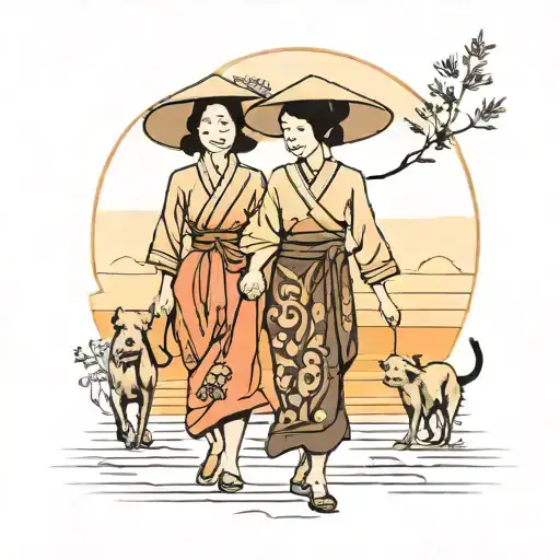 mother and daughter walking in a sunset in traditional vietnamese clothing tattoo design idea