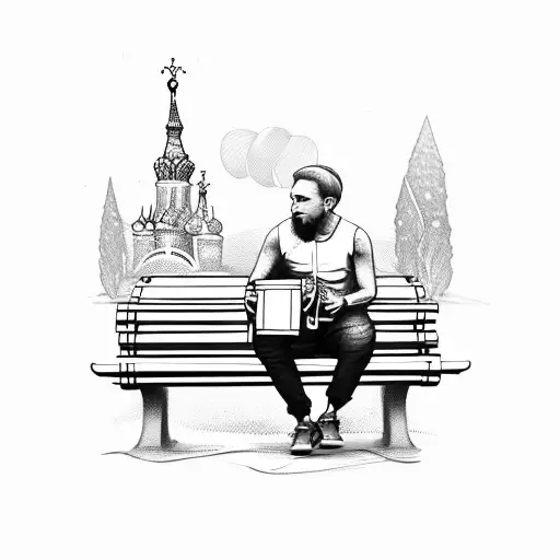 Russian man sitting in a park bench with shorts on in 32 F weather drinking vodka from a brown paper bag, with a cigaret tattoo design idea