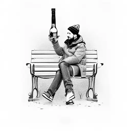 Russian man sitting in a park bench in cold weather drinking vodka, with a cigaret in his other h tattoo design idea