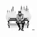 Russian man sitting in a park bench with shorts on in 32 F weather drinking vodka from a brown paper bag, with a cigaret tattoo design idea