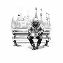 Russian man sitting in a park bench with shorts on in 32 F weather drinking vodka from a brown paper bag, with a cigaret tattoo design idea