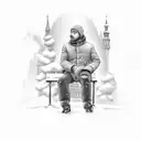 Russian man sitting in a park bench in cold weather drinking vodka, with a cigaret in his other h tattoo design idea