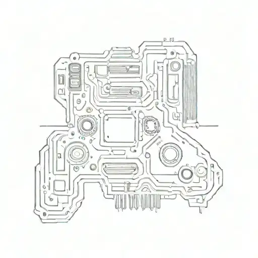 A pixelated computer motherboard with circuitry forming the shape of a gaming controller tattoo design idea