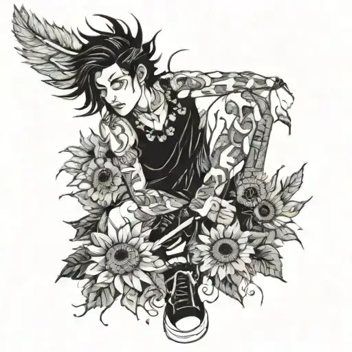 boy with black hair and tattoos of sunflowers and feathers on his legs tattoo design idea