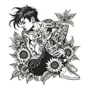 boy with black hair and tattoos of sunflowers and feathers on his legs tattoo design idea