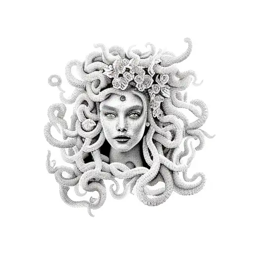 A hyperrealistic tattoo of Medusa surrounded by lily flowers in a foggy atmosphere tattoo design idea