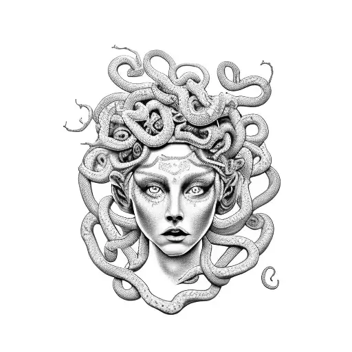 A concept design tattoo of Medusa in a production design setting, with snakes and lily flowers arranged in an ultra-realistic manner tattoo design idea