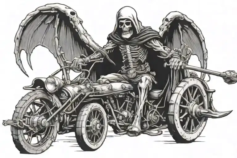 reaper rowing down rover of the dead into liberty scales with a skull weighted on one end of the scales tattoo design idea