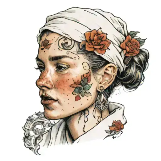 A detailed and realistic portrait of a woman with a few freckles, medium-length hair, wearing a white T-shirt, staring a tattoo design idea