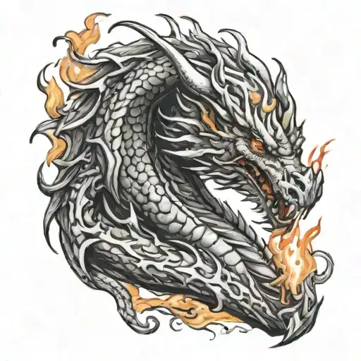  big dragon breathing fire flames tattoo design idea
