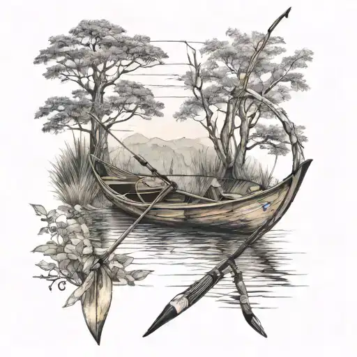 An archery bow and kayak intertwined in a nature scene tattoo design idea