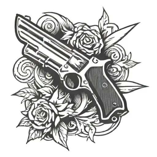 A tattoo design of a knife and gun crossed together, symbolizing the love for weapons and the tough persona of a enforcer or second in command tattoo design idea
