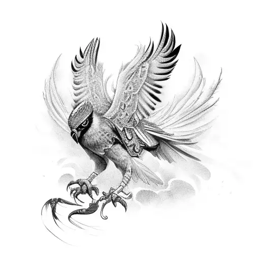A harpy with intricate black-grey feathers surrounded by jiu-jitsu belts tattoo design idea
