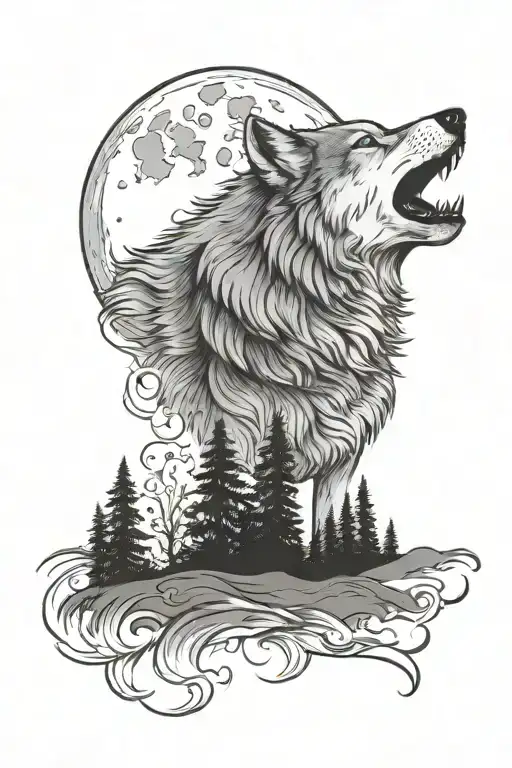 wolf howling infront of full moon surrounded tattoo design idea