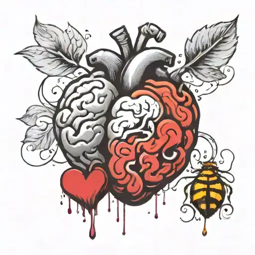 a brain and a heart mixed together showing racional beeing stronger than emotional. Simple drawing tattoo design idea