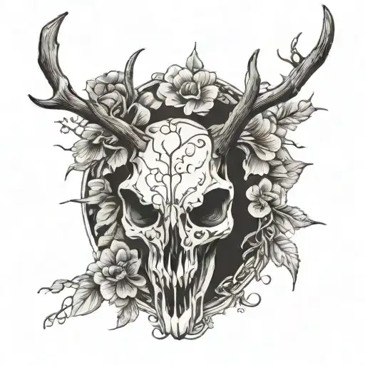 Deer Skull, morning glory flowers tattoo design idea