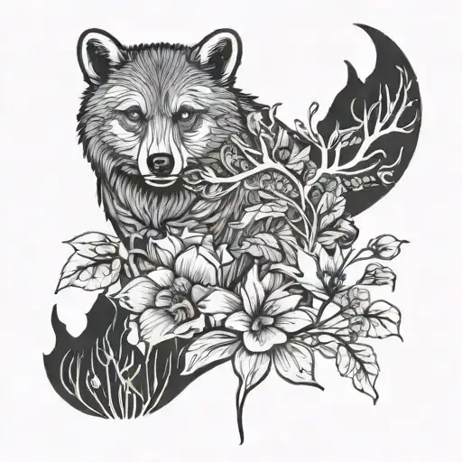Bear, deer, coyote, morning glory flower tattoo design idea