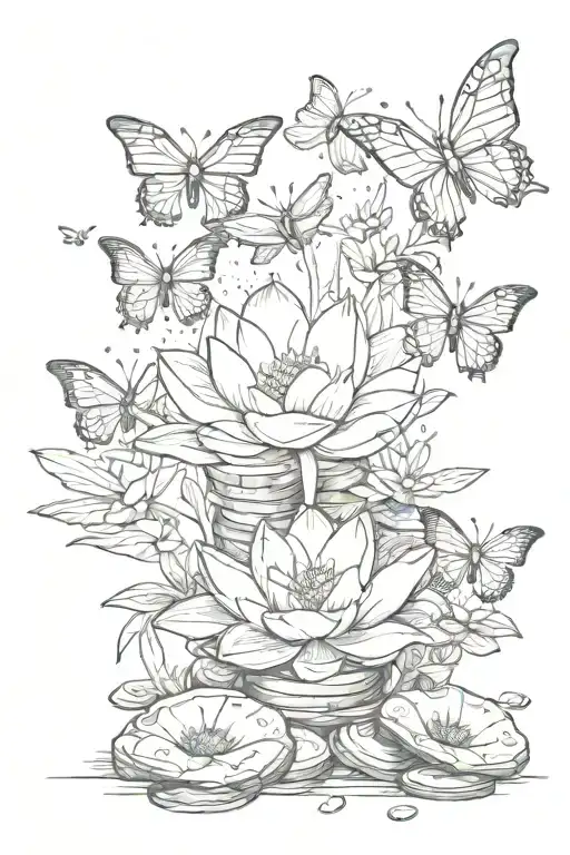 Lotus flowers growing out of a pile of money with butterflies fluttering around tattoo design idea