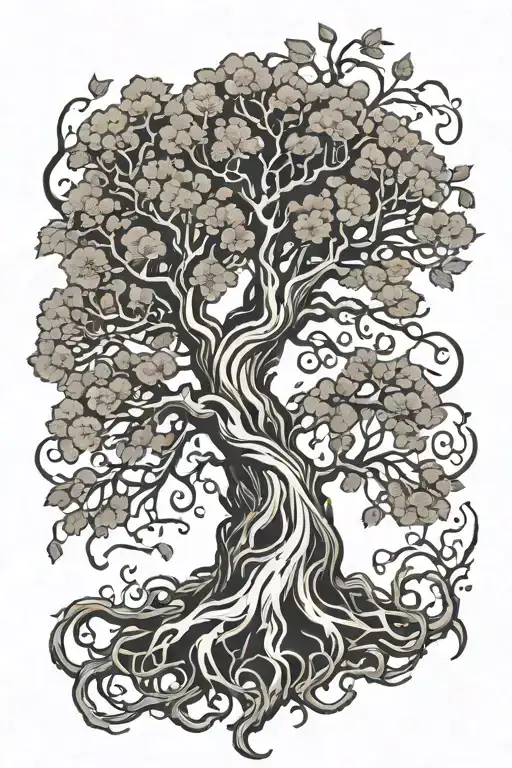a black and white tattoo stencil featuring an intricate tree with expansive roots and detailed branches tattoo design idea