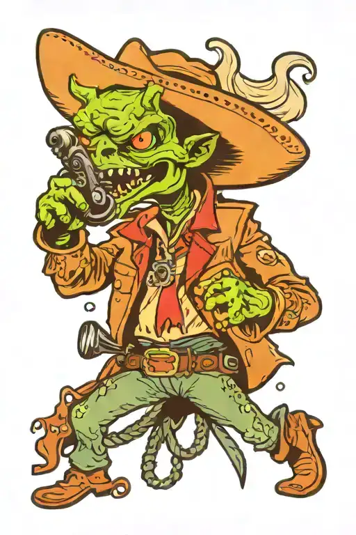 insane alien cowboy with a blaster  tattoo design idea