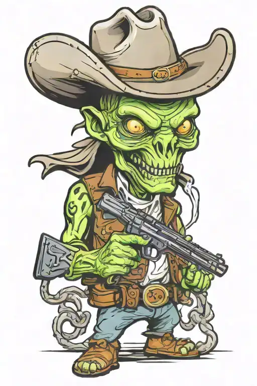 insane alien cowboy with a blaster  tattoo design idea