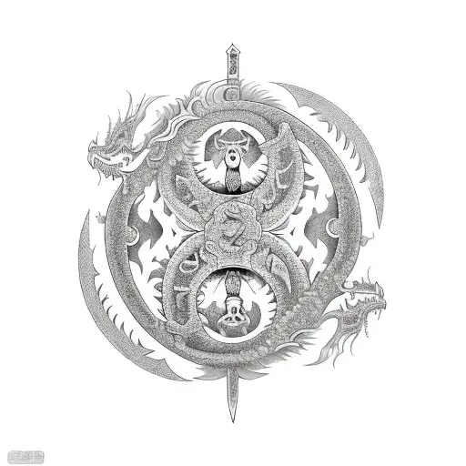 sword with ying and yang on the top of its handle and two dragons(one red and one black) crossing the sword tattoo design idea