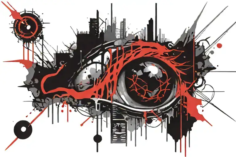 black and red erratic scribble art of various eyes crying with a fading cyberpunk spine through the middle tattoo design idea