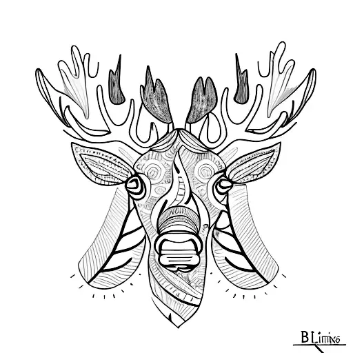 A minimalist tattoo of a moose's head with delicate floral elements incorporated tattoo design idea