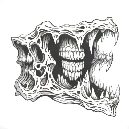 skull skin melting, jaw open sharp teeth scary tattoo design idea