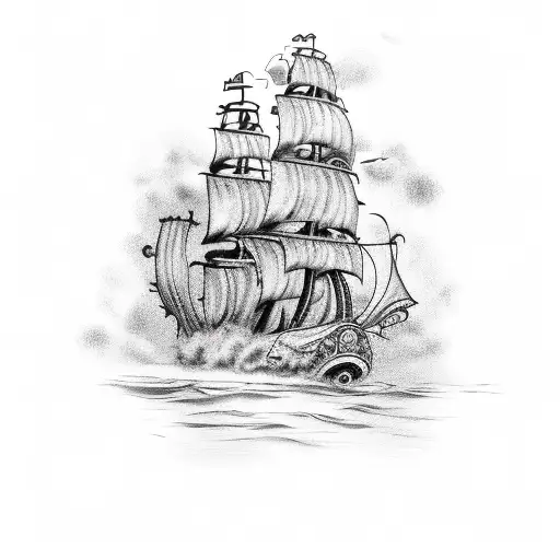A pirate ship sailing on a sea of fireball whiskey tattoo design idea