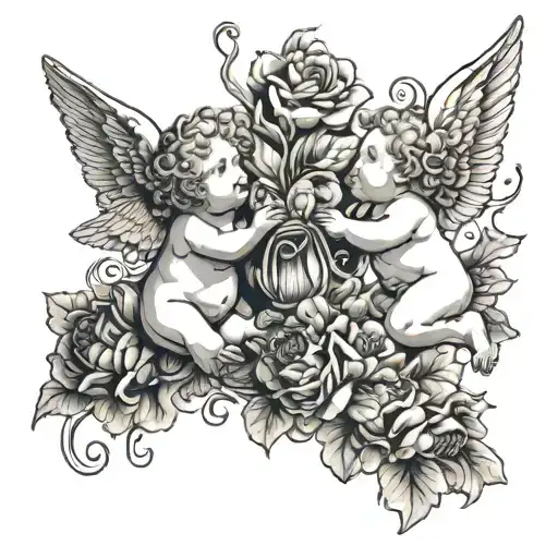 2 flying cherubs holding 2 flowers in their hands and looking at each other they pass these flowers tattoo design idea