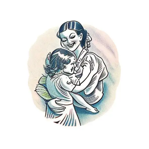 A traditional-style tattoo of a mother and child dancing joyfully tattoo design idea