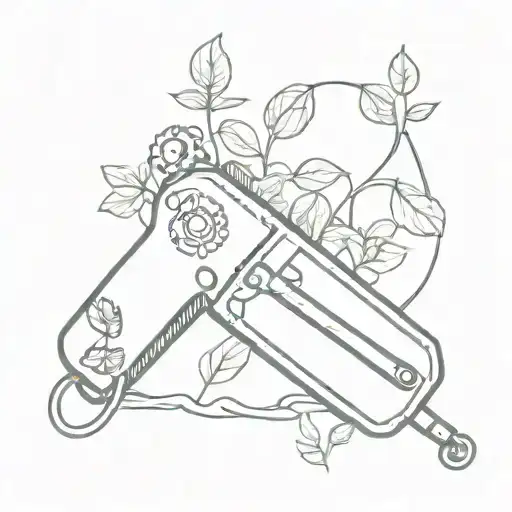 A gaming console controller morphing into a garden shovel, with vines and flowers growing around it tattoo design idea