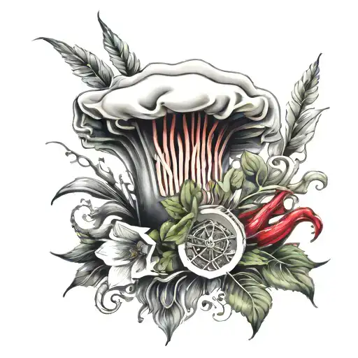 A chef's hat adorned with blood lilies and gaming symbols tattoo design idea