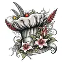 A chef's hat adorned with blood lilies and gaming symbols tattoo design idea