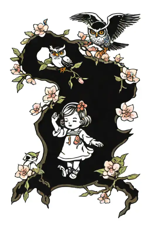 baby girl reaching for a flower on a cherry blossom tree with an owl in it and a duck next to the girl tattoo design idea