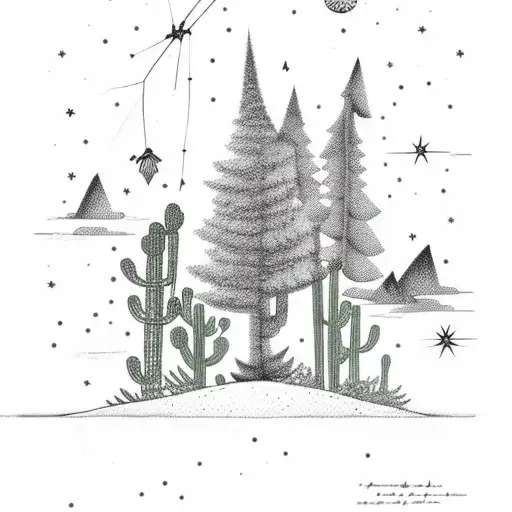 Lightning, pine tree, cactus, stars tattoo design idea