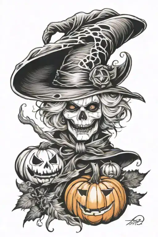 ghost witch hat broom pumpkin  tattoo design idea