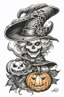 ghost witch hat broom pumpkin  tattoo design idea