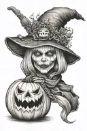 ghost witch hat broom pumpkin  tattoo design idea