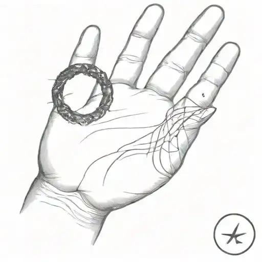 Design a minimalist tattoo for a man's hand, wrapping around the wrist (not on the palm), following this sequence: 1. Origin: A small circle at the beginning of the band, symbolizing the starting point of life's journey. 2. Challenges: Next to the circle, a small mountain or wave, depicting the trials and obstacles faced. 3. Growth: Following the challenges, a growing plant or tree, illustrating personal development and growth. 4. Achievement: A star or peak comes next, representing the attainment of goals and successes. 5. Wisdom: Concluding the sequence, an open book or owl, embodying the wisdom and knowledge accumulated over time. 6. Continuity: A seamless line flows through all the symbols, uniting them and emphasizing the continuous nature of life’s path. tattoo design idea