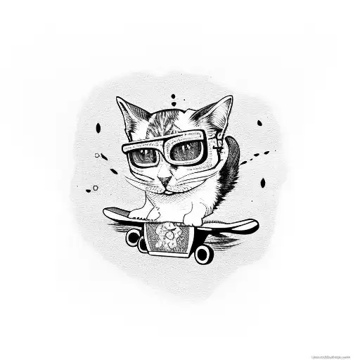 Ghost cat riding a skateboard doing a kick flip  tattoo design idea