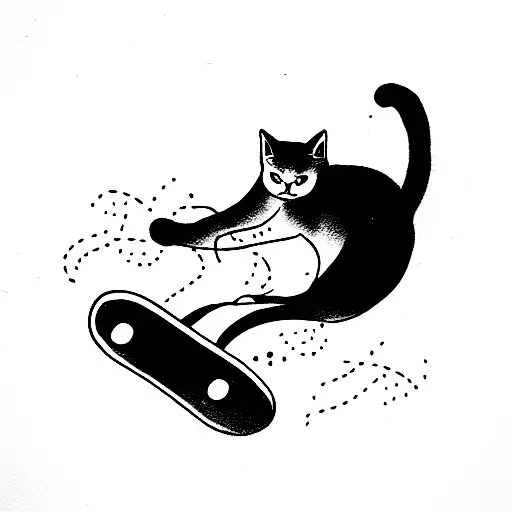 Ghost cat riding a skateboard doing a kick flip  tattoo design idea