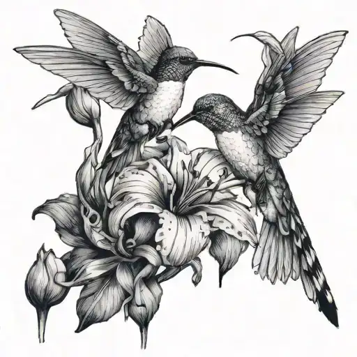 humming birds sucking nectar from irises and roses tattoo design idea