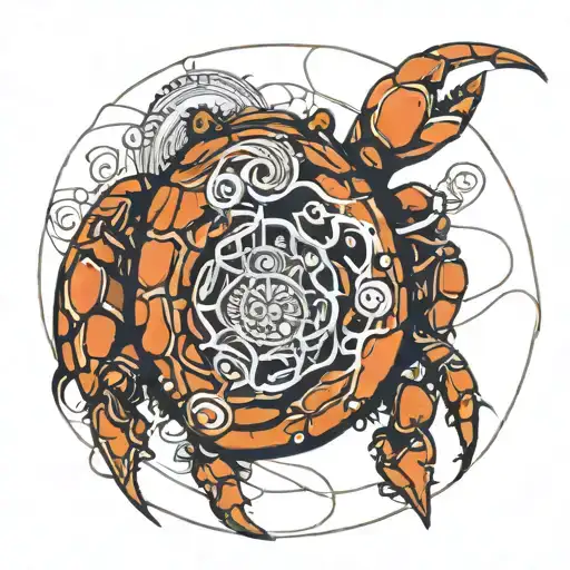 Crab Moving Through Circles: Illustrate the hermit crab crawling through or over a series of interlocking circles, symbo tattoo design idea