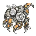 Crab Moving Through Circles: Illustrate the hermit crab crawling through or over a series of interlocking circles, symbo tattoo design idea