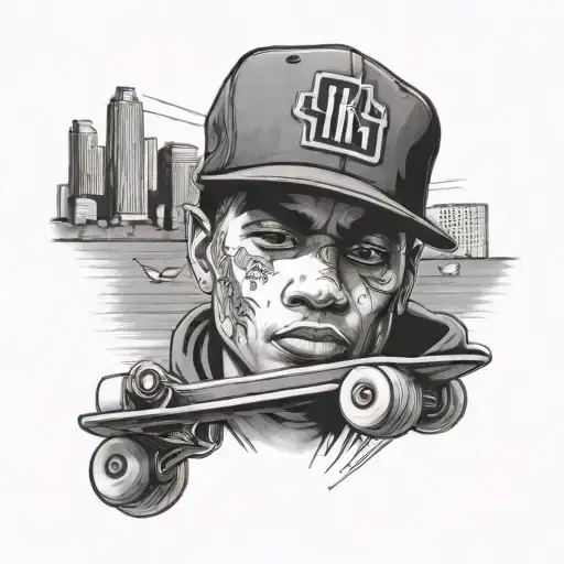 A black and grey portrait of a skateboarding gangster with a San Diego skyline in the background tattoo design idea
