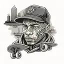 A black and grey portrait of a skateboarding gangster with a San Diego skyline in the background tattoo design idea