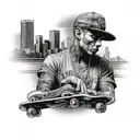 A black and grey portrait of a skateboarding gangster with a San Diego skyline in the background tattoo design idea